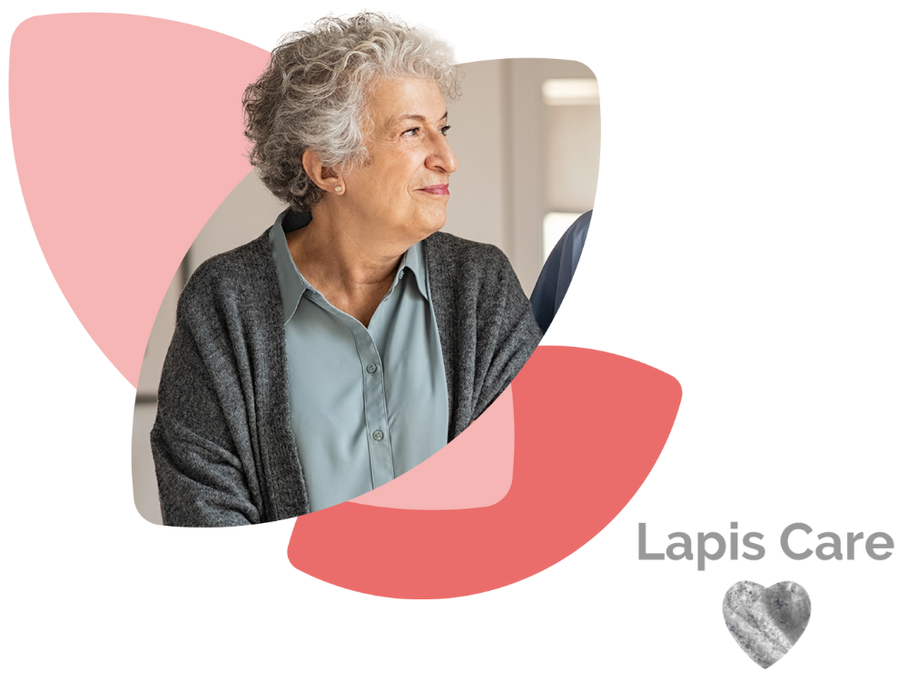An elderly lady plus Lapis Care logo