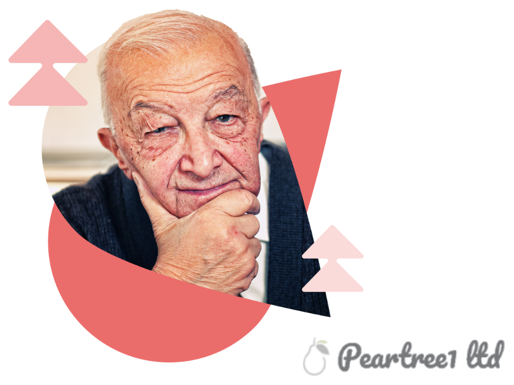 A thoughtful elderly gentleman plus Peartree1 logo