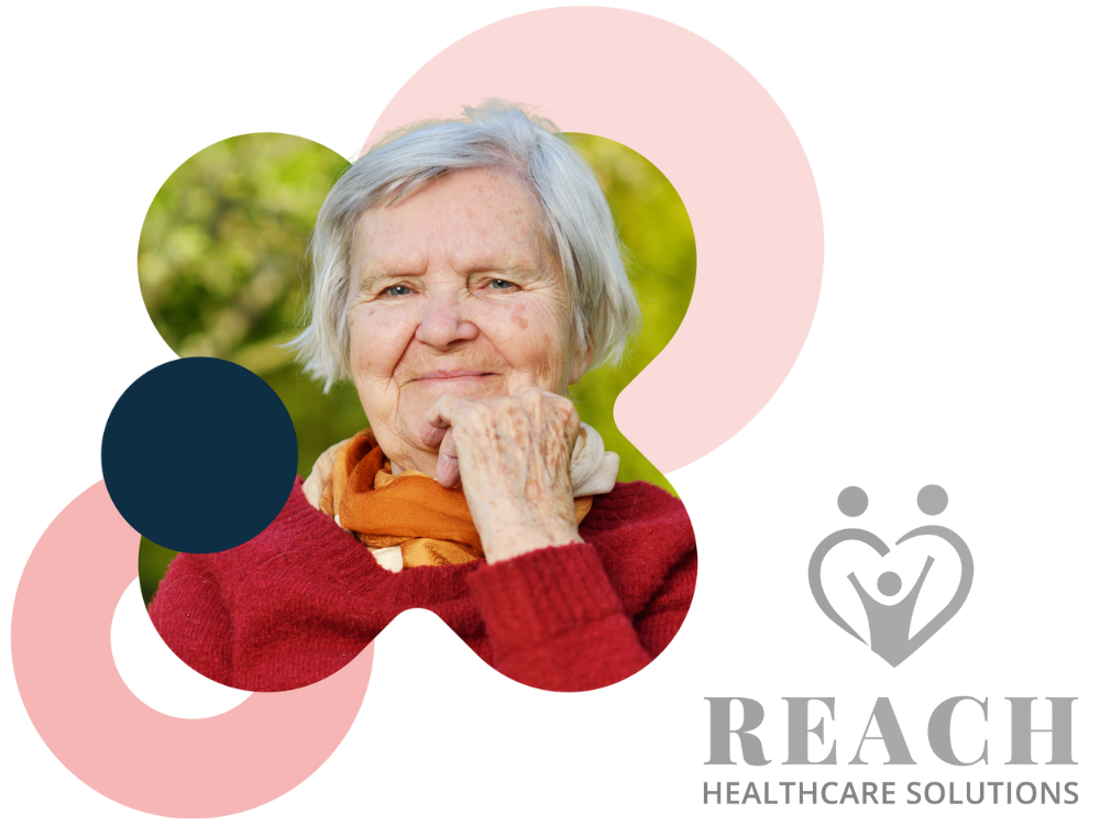 A smiling elderly lady in a red jumper, plus Reach Healthcare Solutions logo